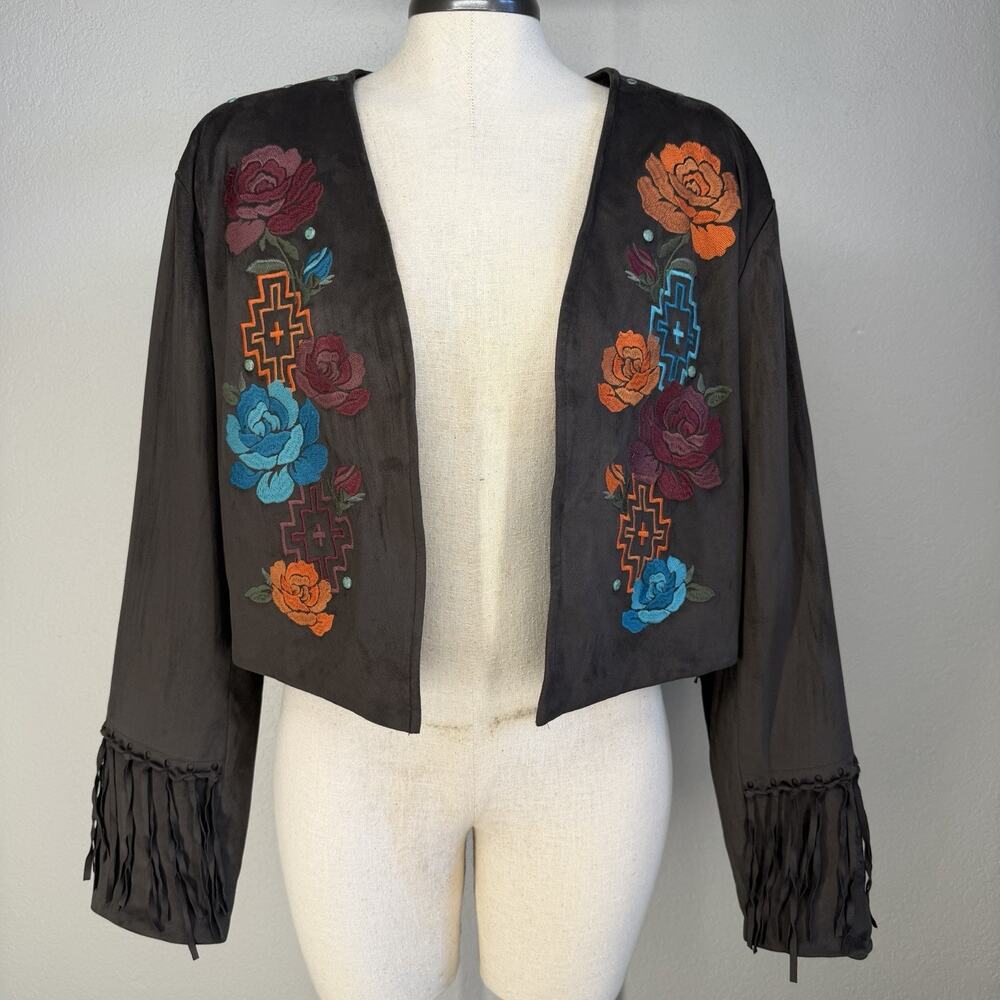 Ariat Jacket Womens L Brown Teal Faux Suede Fringe Embroidered Western Floral
